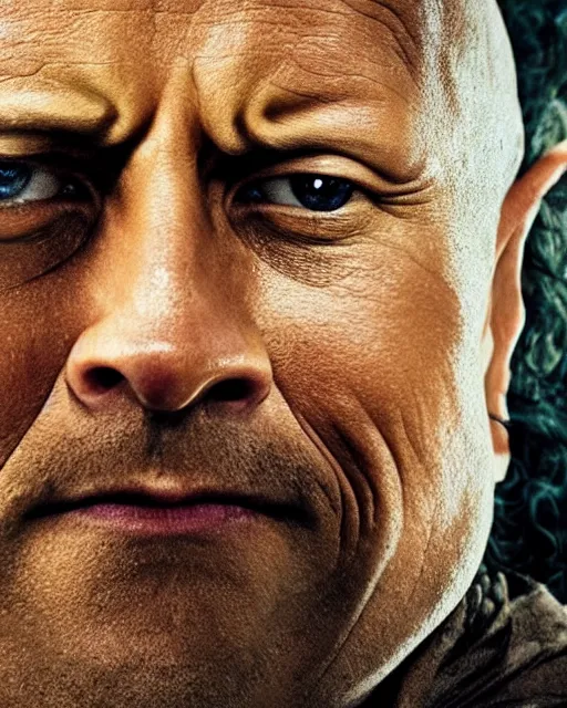 Prompt: Film still close-up shot of Dwayne Johnson as Bilbo Baggins from the movie The Hobbit. Photographic, photography