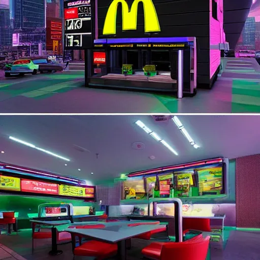 Prompt: a cyberpunk McDonalds store in futuristic NYC in the year 2099