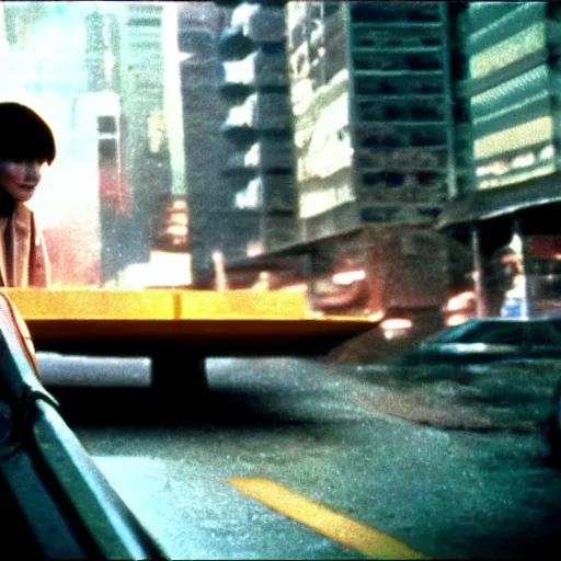 Image similar to at night, a white teenage girl with a pixie haircut in an oversized man's jacket catches a ride on the back of a truck as it drives towards the factory district : a still from a sci - fi dystopian cyberpunk film by steven spielberg from 1 9 8 0 s, shot on 3 5 mm film by janusz kaminski