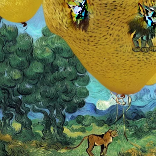 Image similar to cheetah and a lion run through the forest and see a mountain of balloons , concept art, huge scale, high detail, sci fi by van gogh