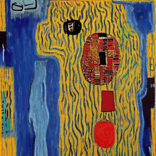 Image similar to portrait of an artificial intelligence painting by Vincent van Gogh klimt Jean-Michel Basquiat