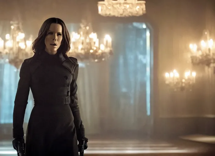 Image similar to film still of Kate Beckinsale as John Wick at the Continental Hotel in John Wick 2014, 4k