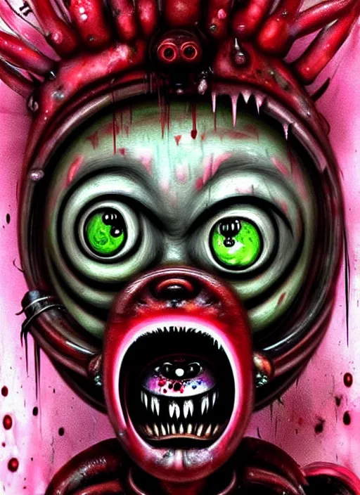 Prompt: a dramatic emotional hyperrealistic renaissance oil panting of a sad sobbing grotesque kawaii mecha musume figurine caricature screaming with a scrunched up red face uglycrying wrinkly featured in dead space by h r giger made of dripping paint splatters in the style of uzumaki, 🤬 🤮 💕 🎀