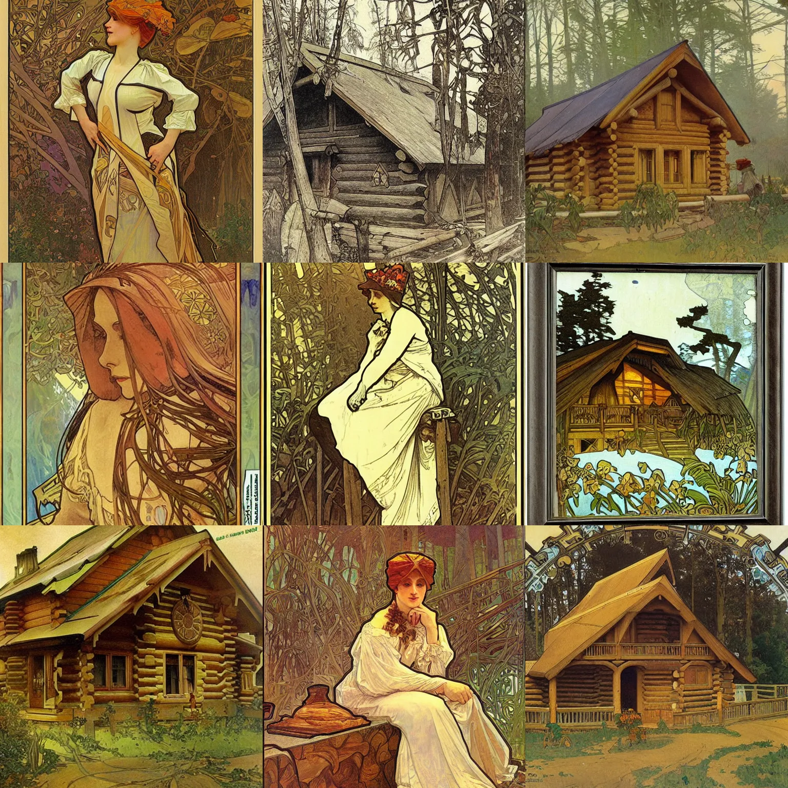 Prompt: a log cabin, alphonse mucha