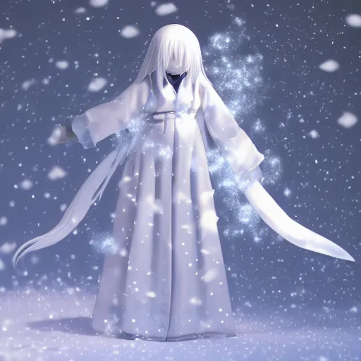 Prompt: cute fumo plush of yuki onna in the middle of a blizzard, snow particle simulation, outline glow lens flare, vray