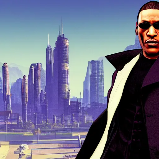 Image similar to Morpheus from the Matrix in GTA 5, cover art by Stephen Bliss, boxart, loading screen