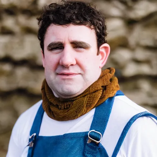 Image similar to close up headshot of a frowning clean shaven pudgy British lad with short curly dark brown hair as a hobbit wearing a white men's crossbody sling chest bag and blue vest, blue vest!! white crossbody chestbag!! high resolution film still, by Lara Jade