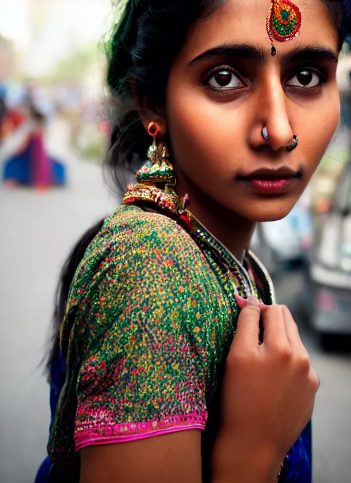 Image similar to color portrait Mid-shot of an beautiful 20-year-old Indian woman, street portrait in the style of Mario Testino award winning