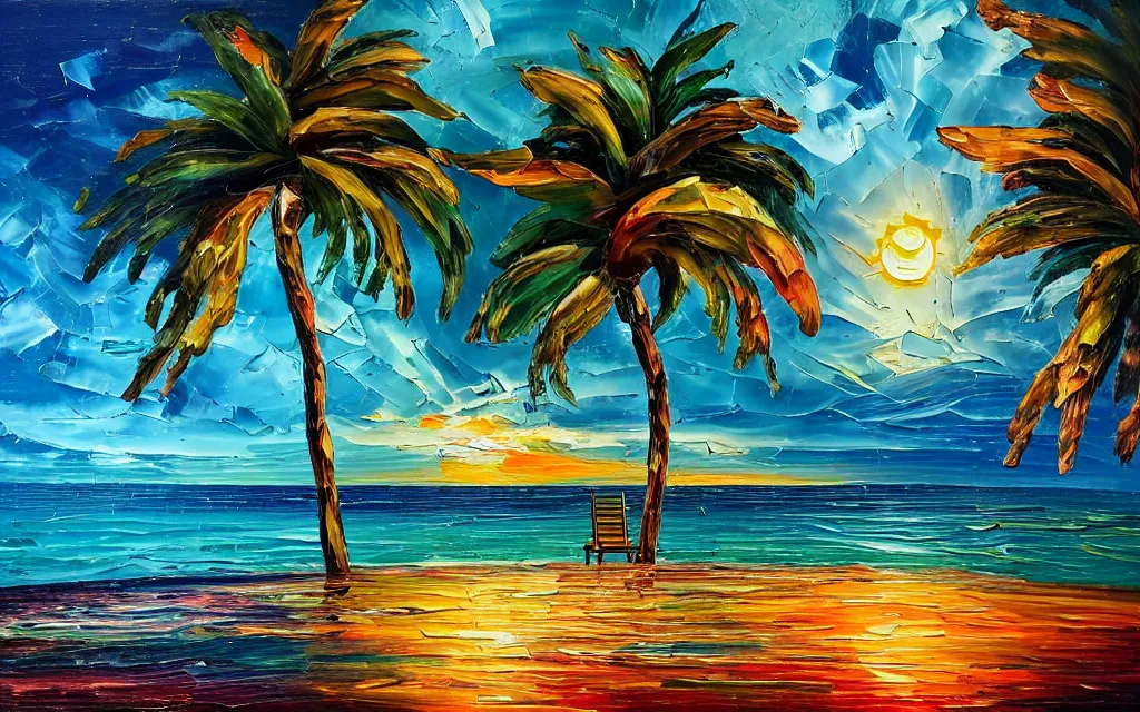 Image similar to in a sea is a tiny island surrounded by water with a cute cozy cottage with a terrace, a paved courtyard with benches a fountain and string lights, palm trees, sunset, puffy clouds, dramatic and dynamic lighting, thick brush strokes oil impasto painting