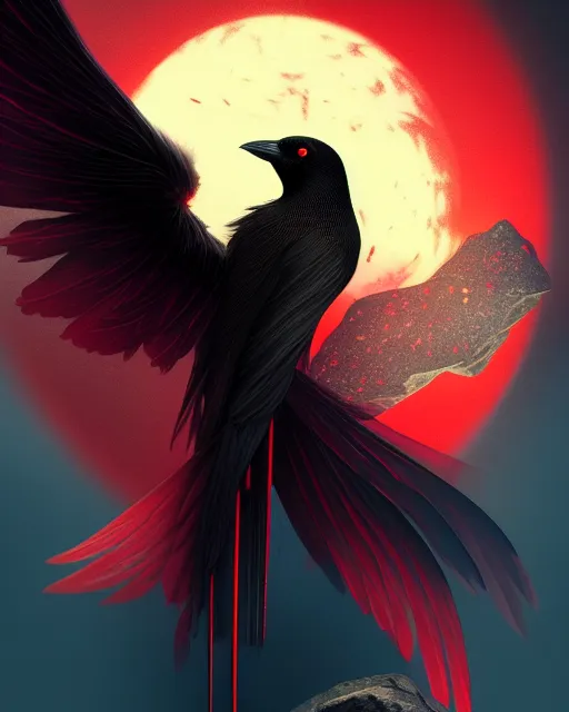 Prompt: beautiful digital fantasy illustration of a black bird with a red background, vanitas, wiccan, tarot card, angel sitting on a rock, abyssal warmth, octane render, detail texture, unreal engine, poster art by victo ngai, 8 k, photographic quality, ultra hyper realistic quality