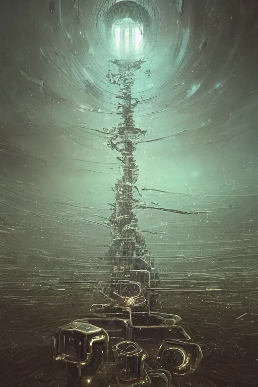 Prompt: interstellar spacetime dystopía made of bits of data | moods by Beeple toothwu gurney Beksiński | hard surface rendering; 3D realistic materials;cybersteampunk | geometry of various pieces of interconnected rusted metallic radial gears, chains, gizmos, cogs, sprogs | touch of skyblue science fiction fantasy