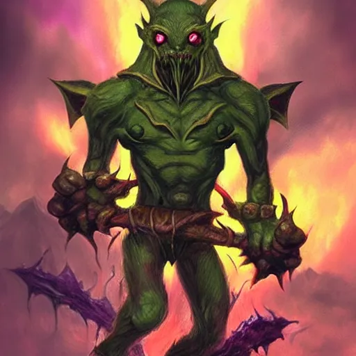 Prompt: “a highly detailed goblin with dark skin and yellow eyes that glow, Like magic the gathering, goblin chainwalker, with a volcano in the background, digital art, by Christopher rush”