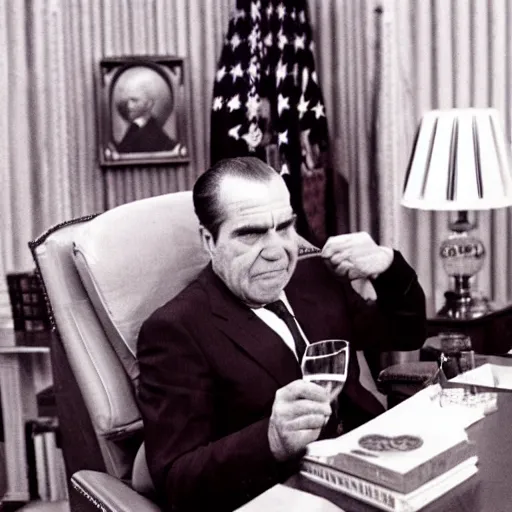 Image similar to Wasted Richard Nixon drinking a bottle of vodka in the oval office, historical photo