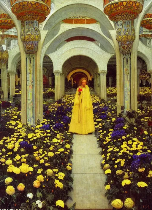 Prompt: the grand temple of flowers, by thomas cooper gotch and frederick arthur bridgman. pre raphaelite, art nouveau, fantasy architecture, symmetry