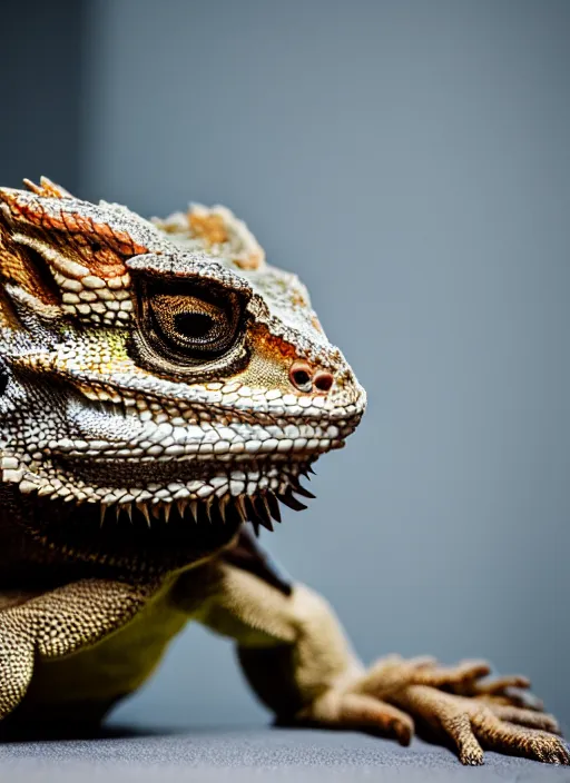 Image similar to dslr portrait still of a bearded dragon wearing a top hat and bow time, 8 k 8 5 mm f 1. 4