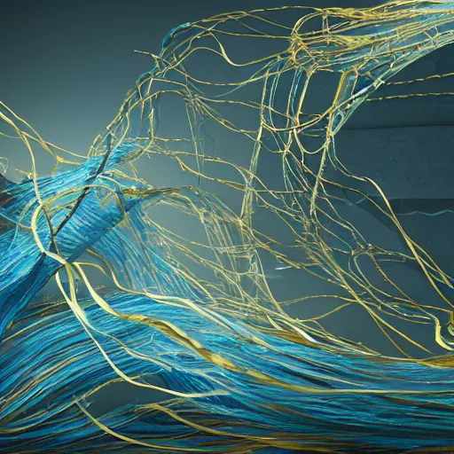 Prompt: five long, flowing cloaks made of millions of thin ribbons and threads of translucent gold and blue that are twisting, swirling, unraveling, and pulling apart into vast webbing structures, unreal engine
