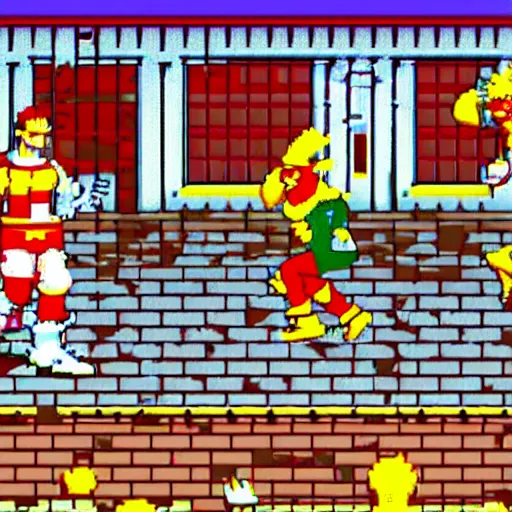 Image similar to screenshot of ronald mcdonald, white face, red afro, red nose and yellow outfit as an enemy in streets of rage video game, sega genesis video game, upscaled to high resolution