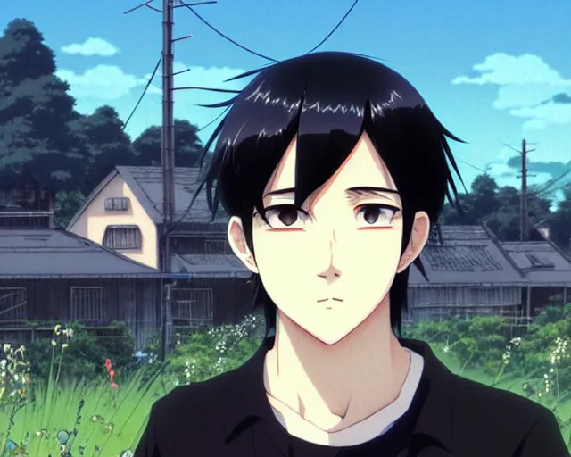 Image similar to beautiful anime guy with black hair, wearing black clothes, fine details portrait, japense village in background, bokeh. anime masterpiece by Studio Ghibli. illustration, sharp high-quality anime illustration in style of Ghibli, Ilya Kuvshinov, Artgerm