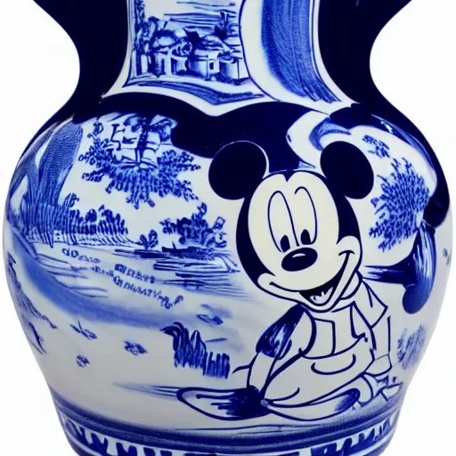 Prompt: a delft blue vase with a happy mickey mouse depicted on it ; extremely detailed ; f / 1. 4, 9 0 mm