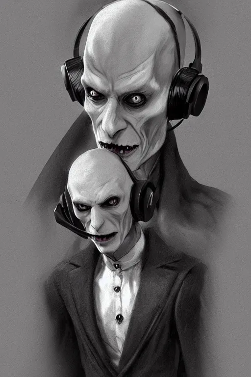 Prompt: stylish nosferatu with a gaming headset looking at his monitor d & d, fantasy, portrait, highly detailed, headshot, digital painting, trending on artstation, concept art, sharp focus, illustration, art by artgerm and greg rutkowski and magali villeneuve