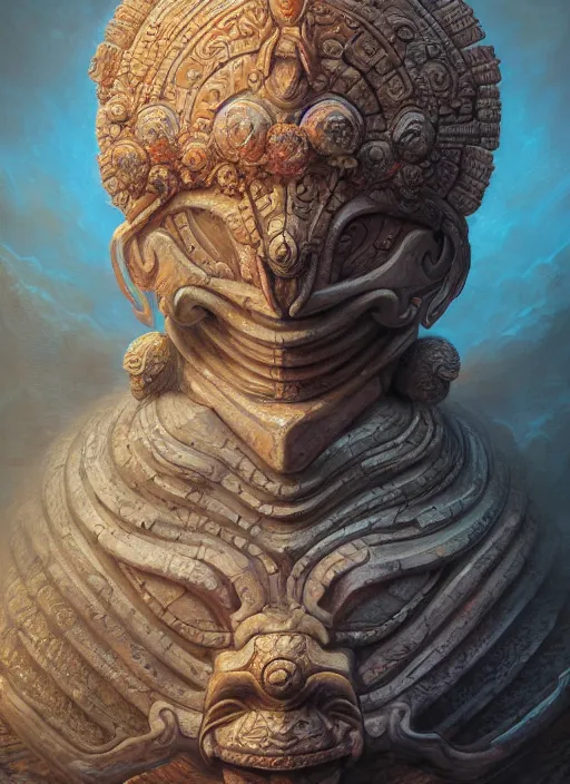 Image similar to Helmet of a forgotten Mayan Deity, ivory, corals, extremly detailed digital painting, in the style of Tomasz Alen Kopera and Fenghua Zhong and jeremy lipking and Peter Mohrbacher, mystical colors, rim light, beautiful lighting, 8k, stunning scene, raytracing, octane, trending on artstation