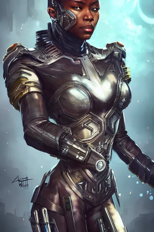 Image similar to art by artgerm, ultra realistic illustration, wakandan warrior in a steampunk cyberpunk style armor, sci fi background hacknaut cyberpunk, sci - fi, fantasy, intricate, elegant, highly detailed, digital painting, artstation, concept art, smooth, sharp focus, illustration.