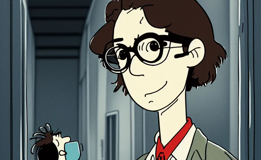 Prompt: a film still portrait of a young nerdy longhaired scientist in a hallway, finely detailed features, closeup at the faces, perfect art, grimdark, trending on pixiv fanbox, painted by studio ghibli, charlie brown