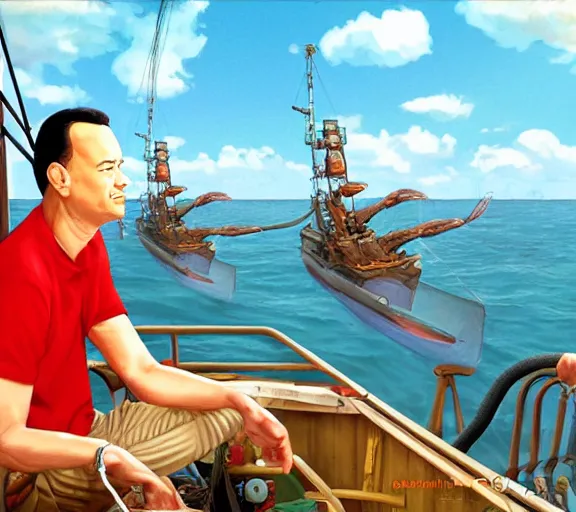 Image similar to Tom hanks as forrest gump sitting in a giant shrimp boat, majestic beautiful world, digital art, amazing detail, artstation, in the style of hayao miyazaki