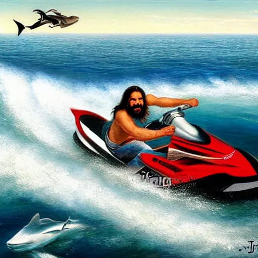 Image similar to Jesus riding a jetski being chased by sharks, painting by Jon McNaughton