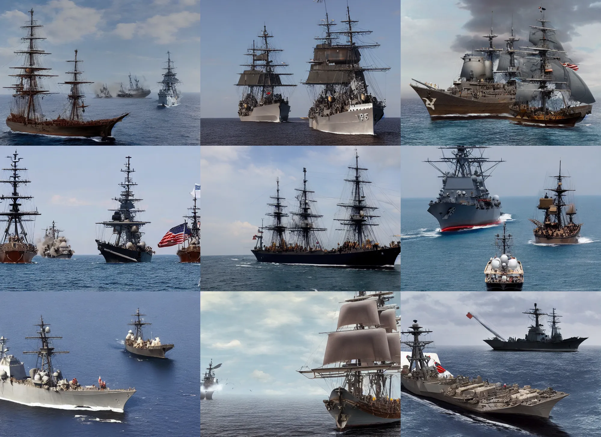 Prompt: a 1700s pirate ship sailing next to modern day US destroyer sailing side by side, hyper-realistic