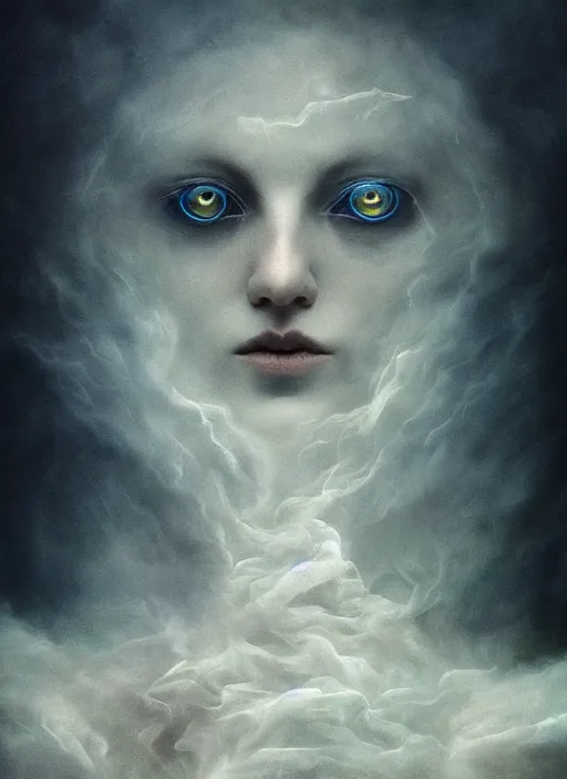 Image similar to Her huge ominous glowing blue eyes staring into my soul , perfect eyes, soft pale white skin, agostino arrivabene, Tomasz strzalkowski, twisted dark lucid dream, 8k portrait render, raven angel wings, swirling thick smoke , beautiful lighting, dark fantasy art, rococo, cgsociety