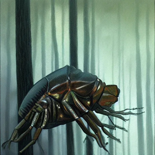 Image similar to humanoid isopod, swamp, forest, foggy, oil painting