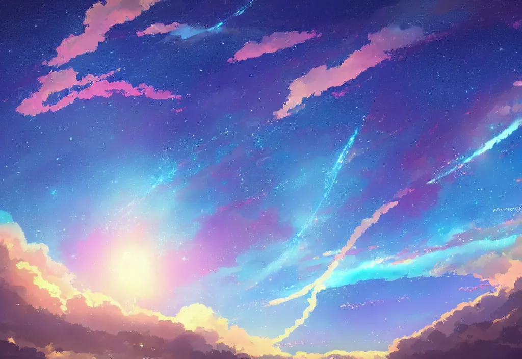 Image similar to breathtaking digital painting of the sky of kimi no na wa, by celestialfang, ghibli, pastel colors and shootign stars in northern light love,