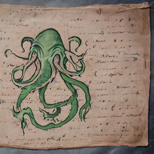 Image similar to tattered parchment with cthulhu characters written on it