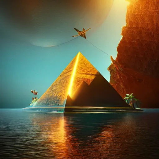 Image similar to pyramid in space or in water, a magical ancient pyramid, gold, treasure, lara croft charater, realistic illustration, pyramid surrounded with greenery, illustrations, 3 d render, illustrated, incredible details, highly detailed, photorealistic, disney pixar, octane render, iridescent, anime, 8 k