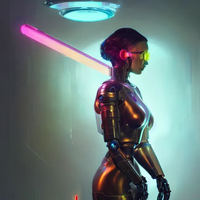 Prompt: portrait of a cyberpunk female robot, carrying glowing thin sharp neon sword and wearing shiny armor, subsurface scattering, artistic, art by artgerm, greg rutkowski and alphonse mucha, artstation, octane render,