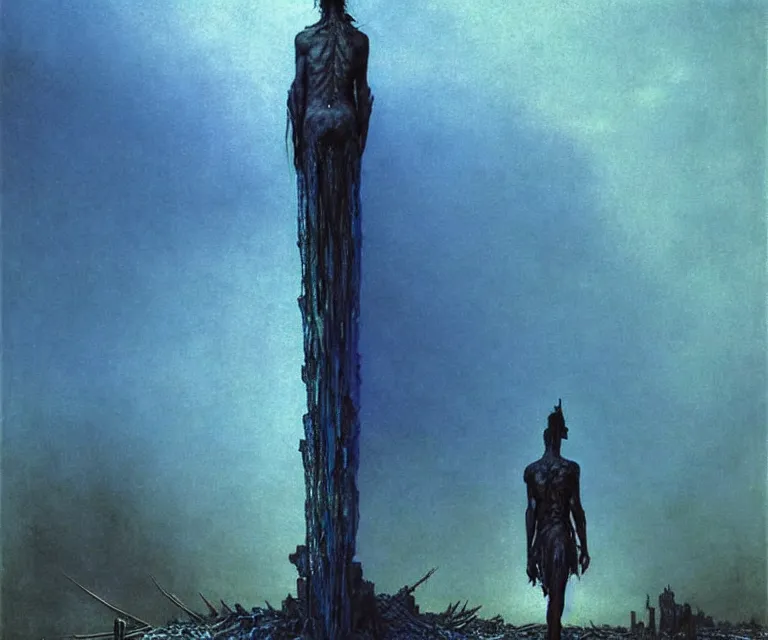 Image similar to tall man consisting of blue translucent shiny material and sparse metallic stripes, standing in ruins in the evening. extremely high details, realistic, fantasy art, solo, masterpiece, art by zdzislaw beksinski, arthur rackham, dariusz zawadzki