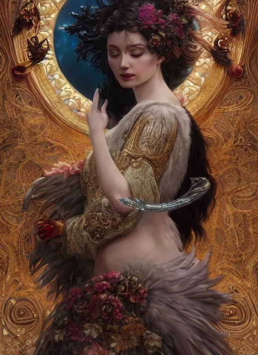 Prompt: real photoshoot goddess of planets, wearing a feathered cloak and a fancy silk floral dress, ornate, ultra realistic, concept art, intricate details, eerie, highly detailed, photorealistic, octane render, 8 k, unreal engine. art by artgerm and greg rutkowski and charlie bowater and magali villeneuve and alphonse mucha