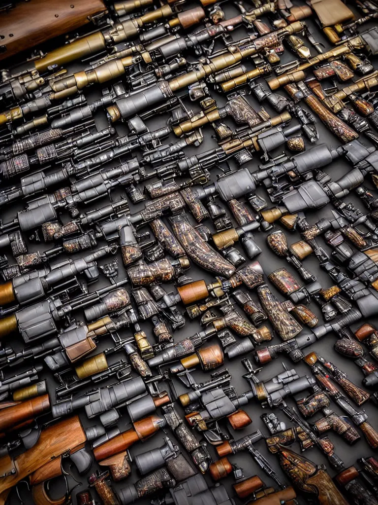 Prompt: close up of kaleidoscope of machine guns, shotguns, rifles, revolvers, bullets, ultra-realistic, intricate details photograph