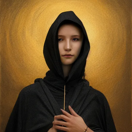 Image similar to a portrait of a young woman wearing a long dark cloak, hood and shadows covering face, holding golden chains, oil painting, matte painting, black background, Volumetric Golden dappled dynamic lighting, Highly Detailed, Cinematic Lighting, Unreal Engine, 8k, HD, by Beksinski