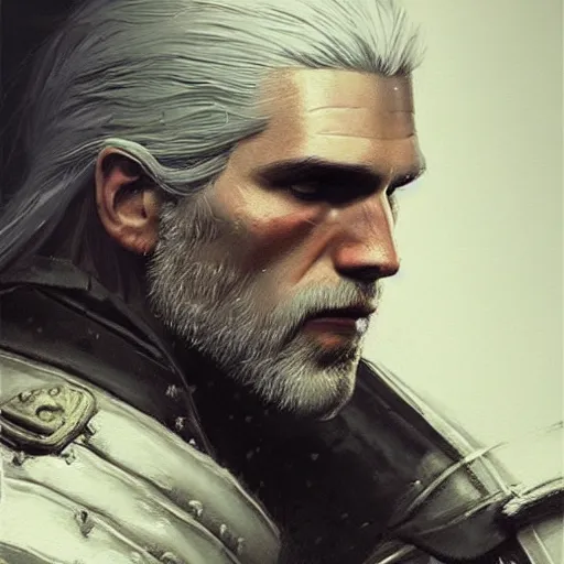 Prompt: Very detailed masterpiece painting of Geralt of Rivia, portrait, artstation, concept art by Greg Rutkowski