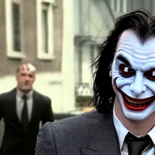 Prompt: keanu reeves as mr. bean as the joker from batman, still from batman vs bean, 2 0 2 0