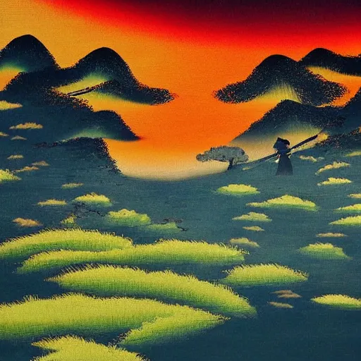 Prompt: japanese landscape, samurai, abstract, vibrant colors