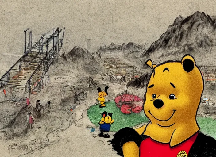 Prompt: portrait of Xi Jinping wearing a Winnie the Pooh onesie in a trashy Chinese dirt poor landfill, hungry, beta weak male, digital painting, concept art, smooth, sharp focus, illustration, from Slumdog Millionaire, by Hieronymus Bosch