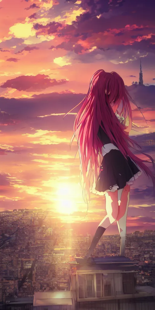 Image similar to anime art, anime key visual of a cute elegant anime girl with pink hair and big eyes on the city rooftop at sunset with clouds, golden hour sunset, background blur bokeh, beautiful lighting, high quality illustration, studio ghibli