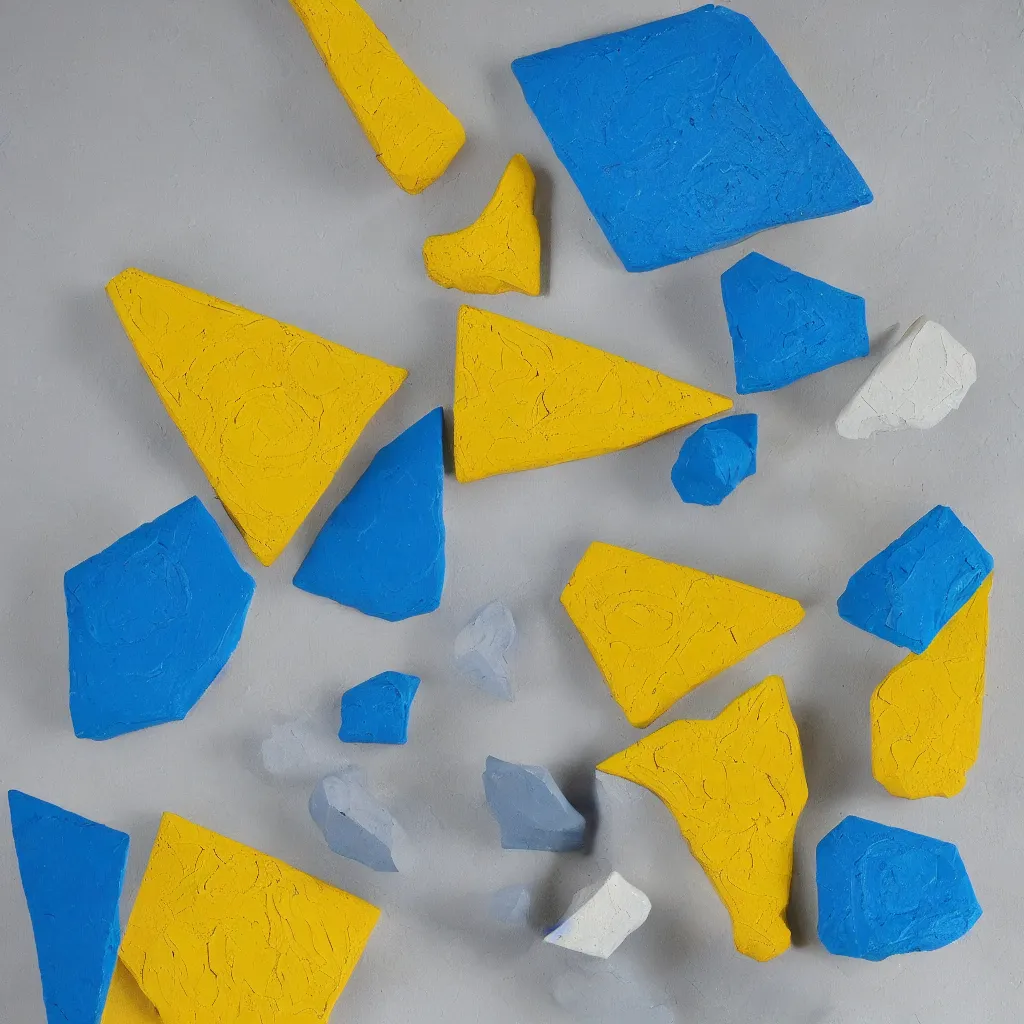 Image similar to 3 dimensional solid large geometric 3 d shapes made of solid impasto oil paint, with strong top right lighting creating shadows, colours cream naples yellow and blue - grey