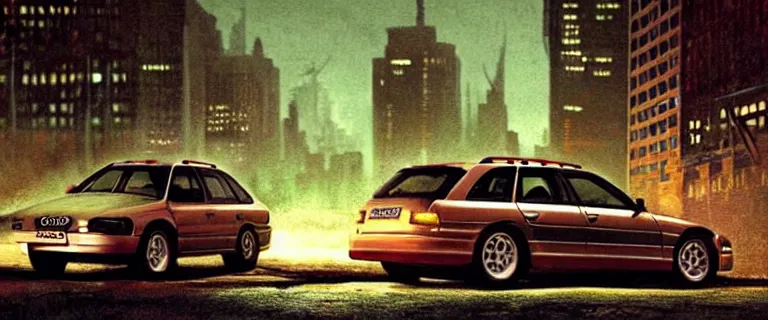 Audi A4 B6 Avant (2002) chased by the mafia, a gritty, Stable Diffusion