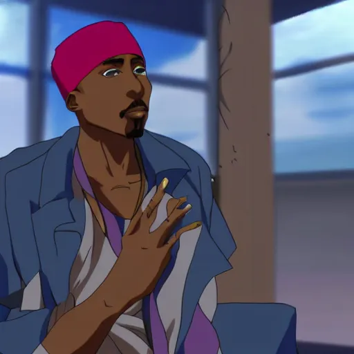 Image similar to Tupac Shakur, screenshot from a 2012s anime