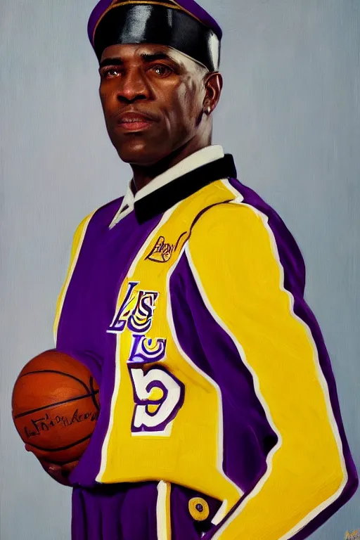 Image similar to full body portrait of the dictator of the los angeles lakers, 1 9 5 5, in full military garb, oil on canvas by william sidney mount, trending on artstation