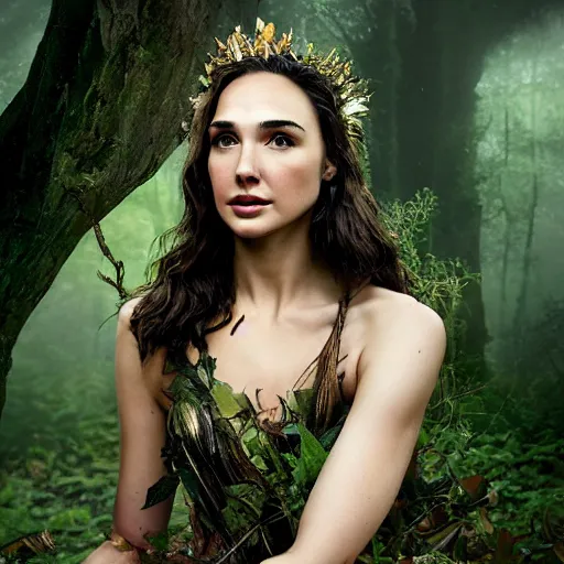 Prompt: Portrait of the beautiful woman Gal Gadot, she is a forest nymph, she is posing, she has a crown of flowers, she is sitting on an ancient forest, there is fog and lots of extravagant leafs, she is getting ulluminated by the rays of the sunset, the photo was taking by Steve McCurry, matte painting, oil painting, naturalism, 4k, 8k